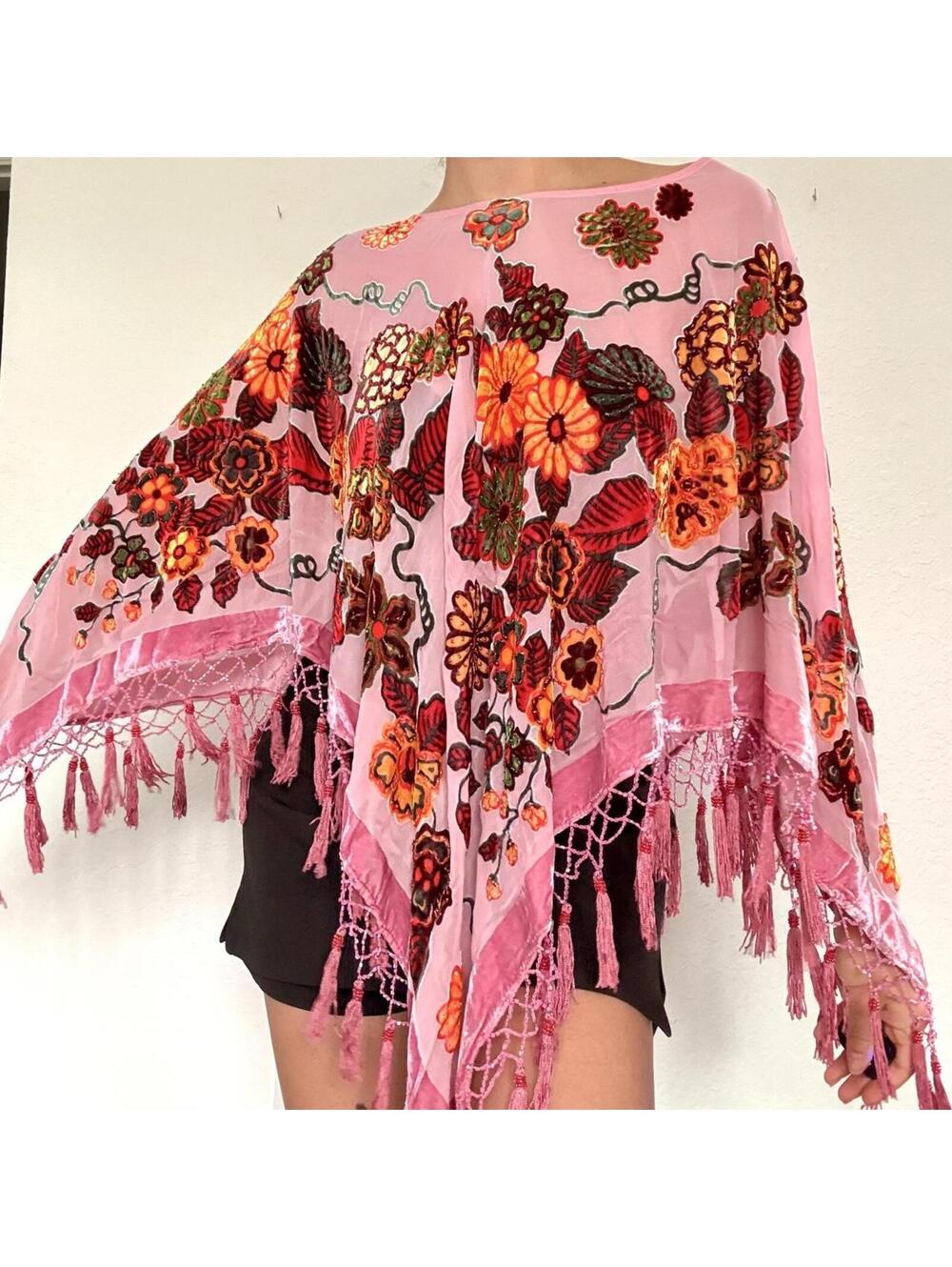 Insane pink silk floral burnout beaded fringe poncho top